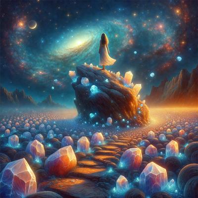 The primary subject of the image is a woman standing on a rock in a field of crystals. The setting is a night sky with a backdrop of stars, creating a serene and magical atmosphere. The visual style is a digital art or illustration, with the woman and the crystals depicted in vibrant colors. The overall mood of the image is one of wonder and enchantment.